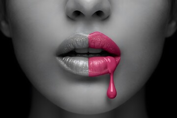 Artistic Black and White Lips with Pink Paint Drip