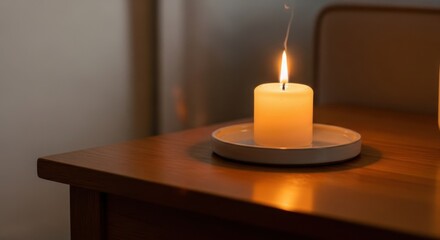 Single lit white pillar candle on a small ceramic plate on a wooden table burning flame