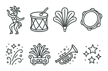 Festive carnival icons featuring dancer, drum, tambourine, trumpet, and fireworks
