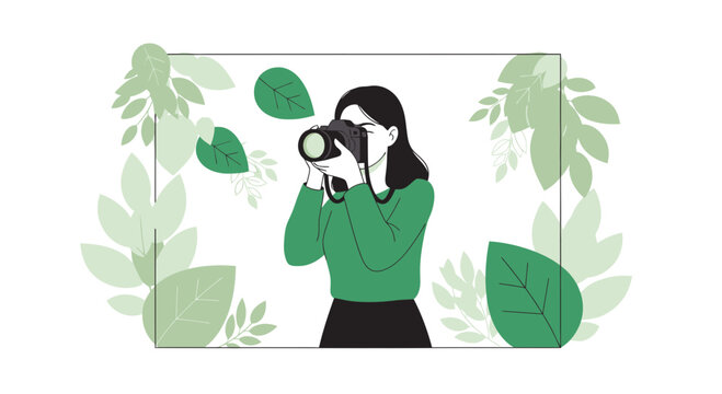 Female photographer capturing moments surrounded by nature and fresh vibrant leaves
