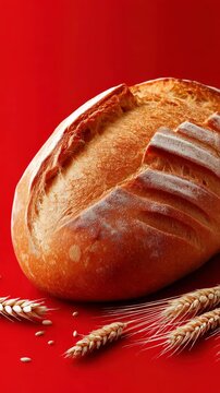 Closeup of artisan bread with wheat on vibrant red background