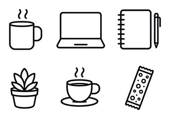 Minimalist office essentials: coffee, laptop, notebook, plant, snack icon set