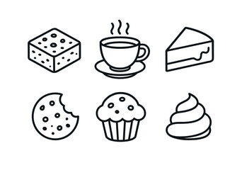 Black and white dessert and beverage icons: cupcake, coffee, cake, cookie, cheese, swirl