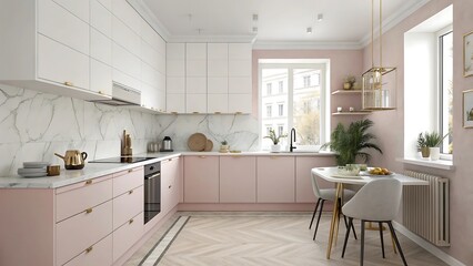 Modern pink kitchen interior bright natural light clean design home decor high resolution photo
