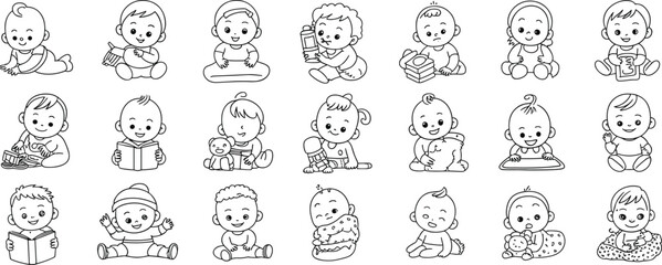 Adorable Baby Clipart Collection – Happy Infants Reading, Crawling, Playing, Eating, and Smiling in Cute Cartoon Line Art