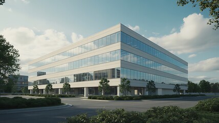 Light beige office building with glass facade and green landscaping