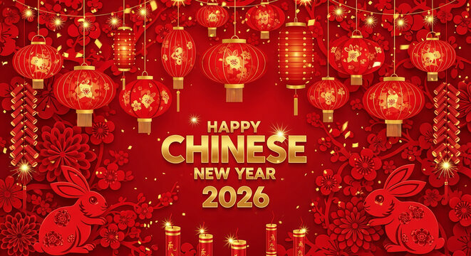 Happy chinese new year 2026 greeting with rabbits, lanterns, and festive decorations