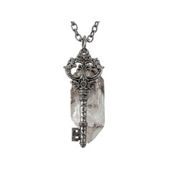 Ornate Key Pendant with Raw Quartz Crystal on Silver Chain