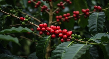 Obraz premium Ripe red coffee cherries on a branch with green leaves