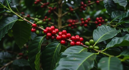 Obraz premium Vibrant red coffee cherries ripening on a lush green branch