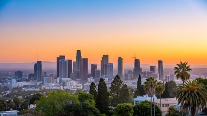Los Angeles skyline at sunset with palm trees cityscape 1