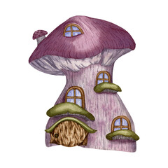 Fairytale Fantasy Mushroom House, a charming purple home for a cute forest pixie or gnome, hand-drawn watercolor illustration with intricate details and whimsical style. Isolated, Transparent