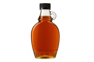 Glass bottle of maple syrup on transparent background