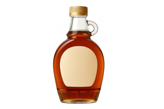 Glass bottle of maple syrup with blank label on transparent background