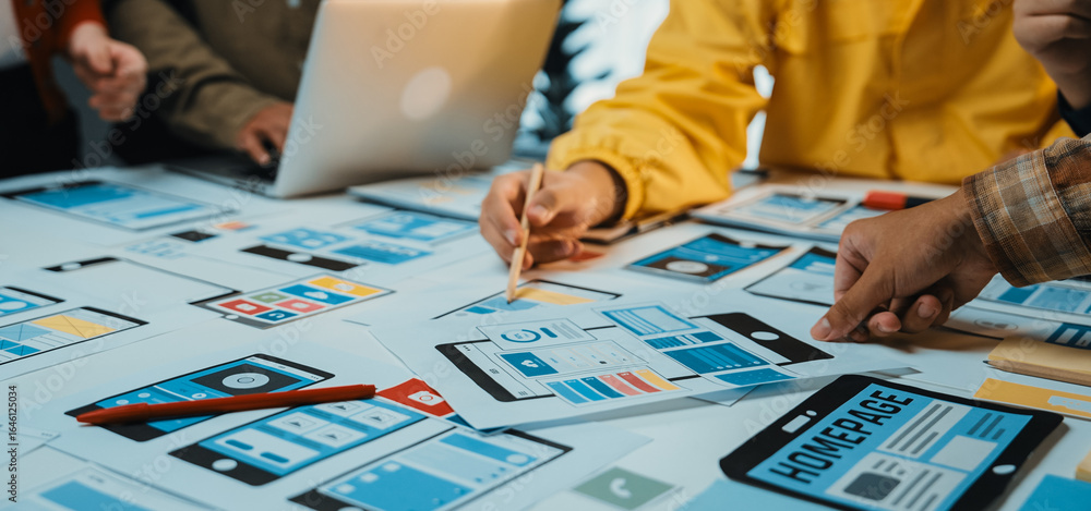 Poster a dynamic team is engaged in a collaborative brainstorming session focusing on mobile application us