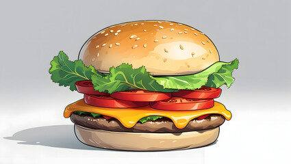 Cute Hamburger Clipart – Vector Illustration of a Burger with Lettuce, Tomato, and Cheese Layers, Minimal Design, No Shadow on White Background