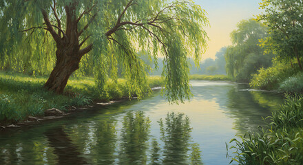 Obraz premium Willow Tree Tranquility A Serene River Landscape Painting