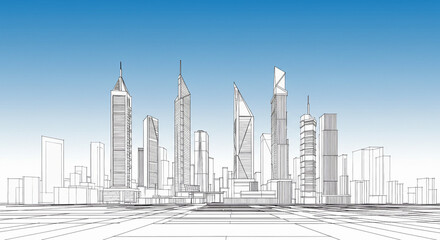 Naklejka premium Architectural Line Drawing of Modern City Skyline