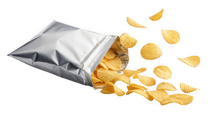 Potato chips exploding from foil bag isolated on transparent background
