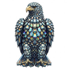 Eagle formed entirely from interlocking crystal shards sitting tall with piercing gaze refracted rainbow light ultra-sharp detail isolated on pure white background
