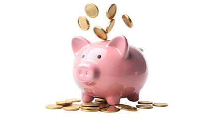 Pink piggy bank with falling golden coins, representing savings, financial planning, and future security isolated on transparent background