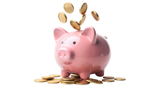 Pink piggy bank with falling golden coins, representing savings, financial planning, and future security isolated on transparent background