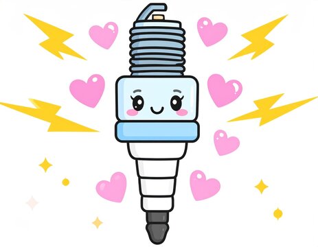 Animated Spark Plug Icon with Kawaii Design and Floating Pink Hearts on a White Background with Yellow Lightning