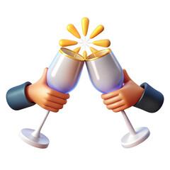 3d celebration toast with champagne glasses isolated on transparent background