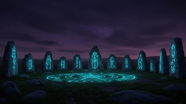 Illuminated stone circle with glowing symbols under a twilight sky landscape