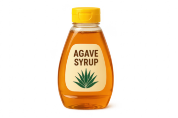 Plastic bottle containing agave syrup on transparent background