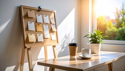 Corkboard With Sticky Notes Beside Coffee Cup And Green Plant In Bright Sunlight Setting On Wooden Table Near Window