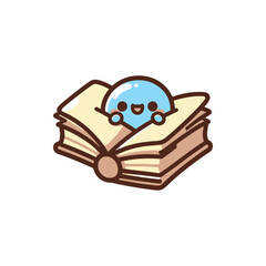 A cheerful blue character peeking from an open book, symbolizing joy in reading and learning