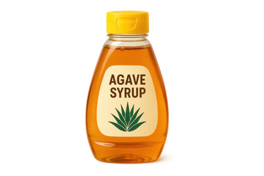 Plastic bottle containing agave syrup on transparent background