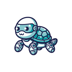 A cute robotic turtle with a friendly expression, rolling on wheels in a futuristic setting