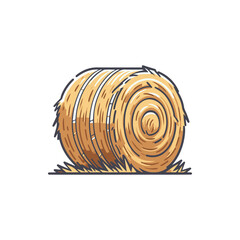 A detailed illustration of a hay bale resting on grass, set against a serene rural landscape © kumara