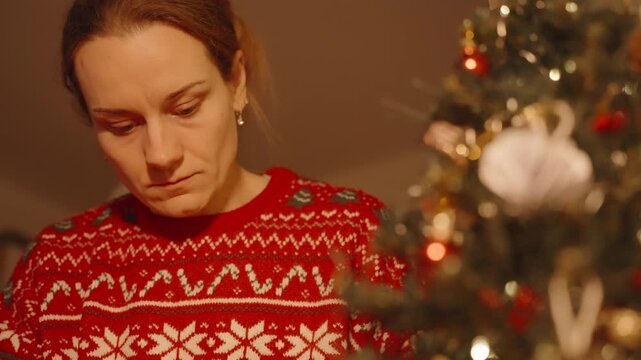 Christmas Tree in Focus with Woman in Red Sweater Blurred in Background