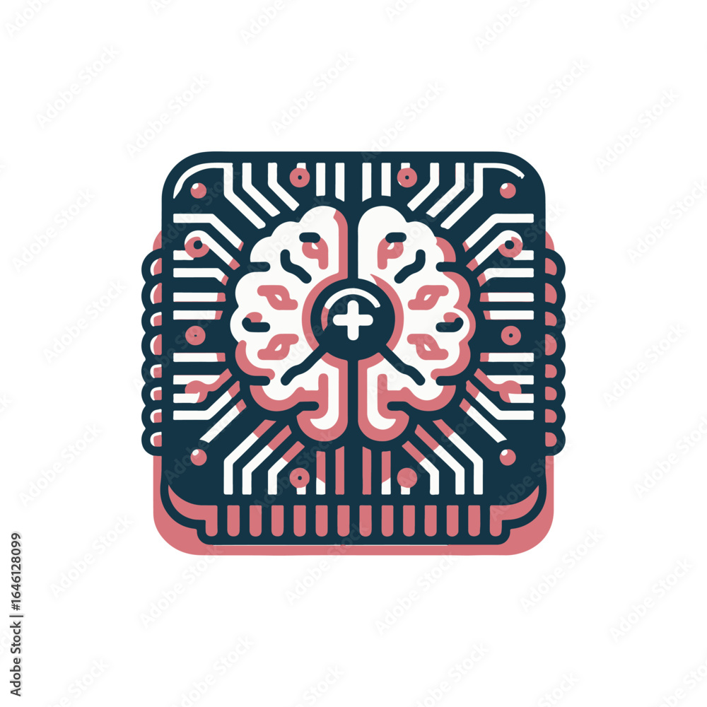 Poster abstract illustration of a brain integrated with circuit patterns, symbolizing technology and intell
