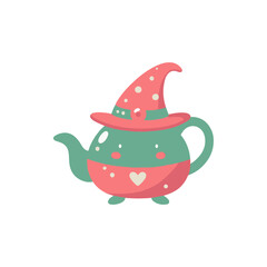A whimsical teapot wearing a colorful witch's hat, set against a plain white background, ideal for children's illustrations