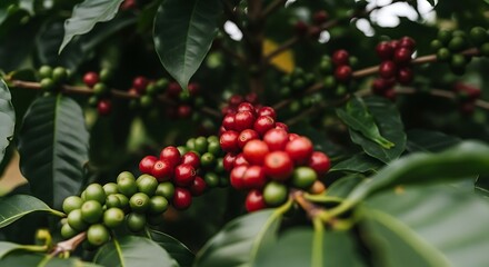 Obraz premium Ripening coffee cherries on a branch with green leaves