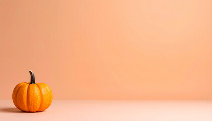 Minimalist composition with a single orange pumpkin centered against a warm peach background for seasonal autumn and Halloween themes