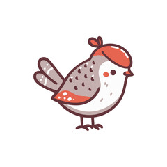 Cartoon-style bird wearing a red hat, standing on a white background, ideal for children's illustrations