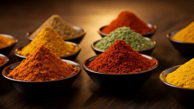 A collection of different spices in small bowls arranged on a wooden surface top