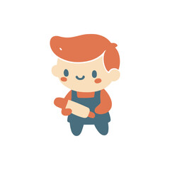 Cheerful child holding a scroll, dressed in overalls, against a simple white background