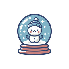 Cheerful snowman inside a festive snow globe with falling snowflakes and a cozy winter scene