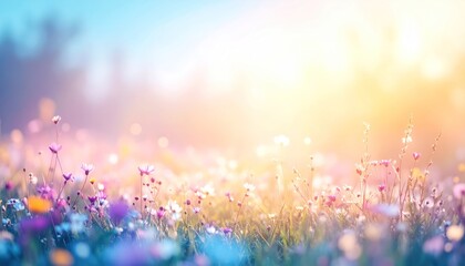 Desaturated Field Of Blooming Flowers Under Warm Sunlight With Soft Blur Background