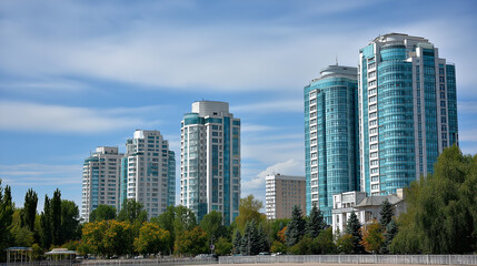 Modern high-rise residential buildings surrounded by trees and green parkland under a bright sky, offering a clean cityscape with ample copy space above.
