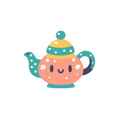 Colorful cartoon teapot with a smiling face, set against a plain background, ideal for children's designs