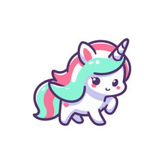 Colorful cartoon unicorn character with a playful expression, set against a minimalist background