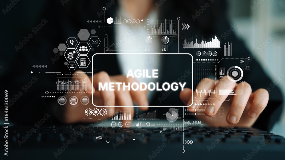 Poster professional presentation of agile methodology principles with digital graphics and keyboard interac