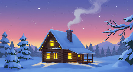Naklejka premium Winter Cabin Scene with Snow Covered Trees and Cozy Lights